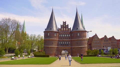 Famous Holstentor in the city of Lubeck Germany - LUBECK, GERMANY - MAY 11, 2021