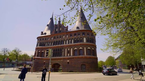 Famous Holstentor in the city of Lubeck Germany - LUBECK, GERMANY - MAY 11, 2021