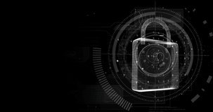 Animation of online security padlock with data processing in background. global connections, digital interface and security concept digitally generated video.