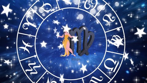 Animation of spinning star sign wheel with virgo sign and stars. horoscope and zodiac signs concept digitally generated video.