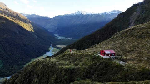 Hikers at Liverpool Hut in New Zealand Mountain National Park, Aerial