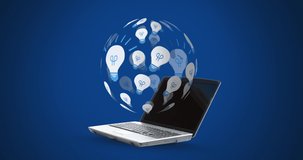 Animation of light bulbs forming globe ove laptop on blue background. global networking, ideas and business concept digitally generated video.
