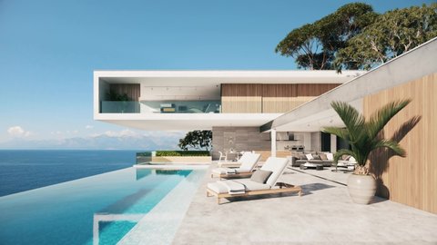 Exterior of a luxury contemporary home. luxury villa with infinity pool. Modern High-End House. 3d visualization