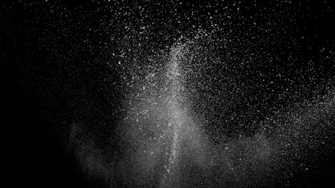 Slow Motion White particles explosion and Splatter, White Powder Blastin from Bottom isolated on Black Background 4K Video Element