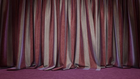 Realistic 3D animation of the red and white stripes vintage grungy show or circus stage curtain with carpet flooring rendered in UHD with alpha matte