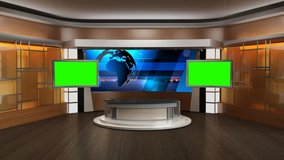Blue colour rotating globe in background window for Brown coloured set with 2 Plasma Tv and 1 setting table for anchor. 
 News base TV Program seamless loopable HD Video