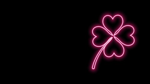 Glowing neon line Four leaf clover icon isolated on black background. Happy Saint Patrick day. 4K Video motion graphic animation.