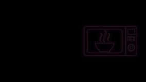 Glowing neon line Microwave oven icon isolated on black background. Home appliances icon. 4K Video motion graphic animation.