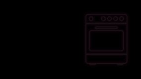 Glowing neon line Oven icon isolated on black background. Stove gas oven sign. 4K Video motion graphic animation.