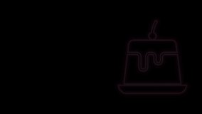 Glowing neon line Pudding custard with caramel glaze icon isolated on black background. 4K Video motion graphic animation.