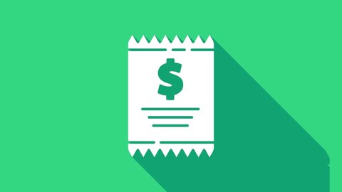 White Paper check and financial check icon isolated on green background. Paper print check, shop receipt or bill. 4K Video motion graphic animation.