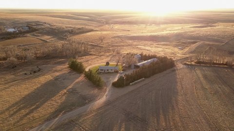 Aerial Backward Shot Of Houses And Garage In Filed On Sunny Day, Drone Flying Over Harvested Landscape During Sunny Day - Oakley, Kansas