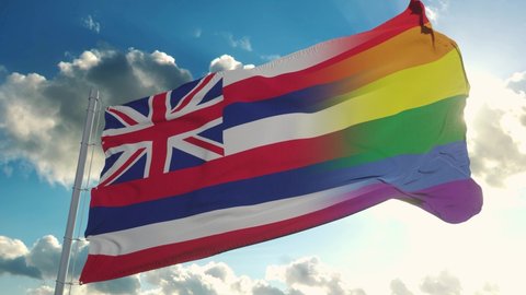 Flag of Hawaii and LGBT. Hawaii and LGBT Mixed Flag waving in wind