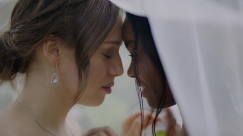 Multi-ethnic lesbian wedding. Two young women in wedding dresses touch each other with tenderness. Close-up portrait of homosexual couple couple