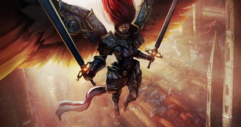 A beautiful female angel knight with two swords in her hands, wearing a beautiful plate armor, she hovers over a medieval city illuminated by the sun. 2d animation with a clean loop.