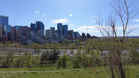 Calgary downtown skyline over Bow River. Beautiful modern cityscape was taken in Alberta, Canada. 