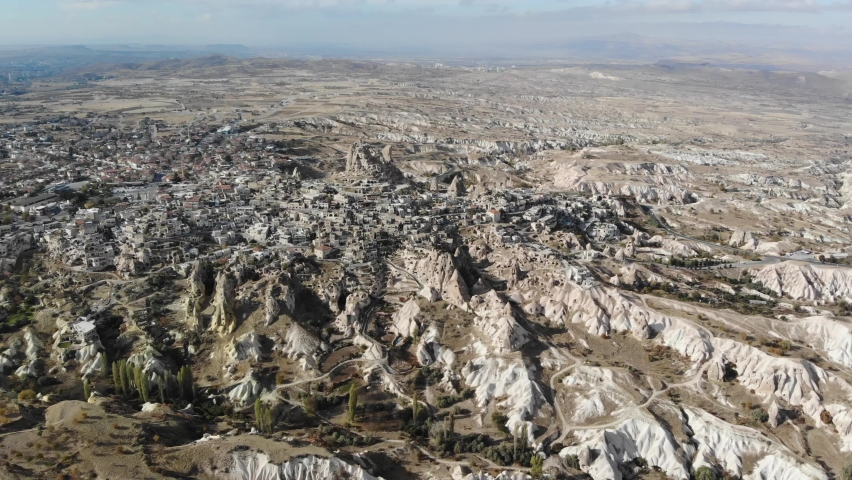 Aerial view of old Cappadocia Park in Turkey. Goreme National Park and the cave buildings of Cappadocia