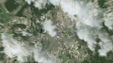 Earth zoom in from outer space to city. Zooming on Berlin, Germany. The animation continues by zoom out through clouds and atmosphere into space. View of the Earth at night. Images from NASA. 4K