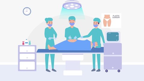 Medical team animation of surgeon doing plastic surgery their patient while working in the operating room. Cartoon in 4k resolution