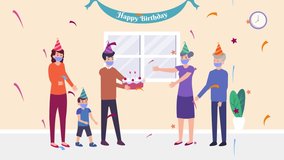 Happy three generation family animation celebrating grandmother birthday while wearing face mask at home. Cartoon in 4k resolution - Powered by Shutterstock - Get 15% off with code: PIKWIZARD15