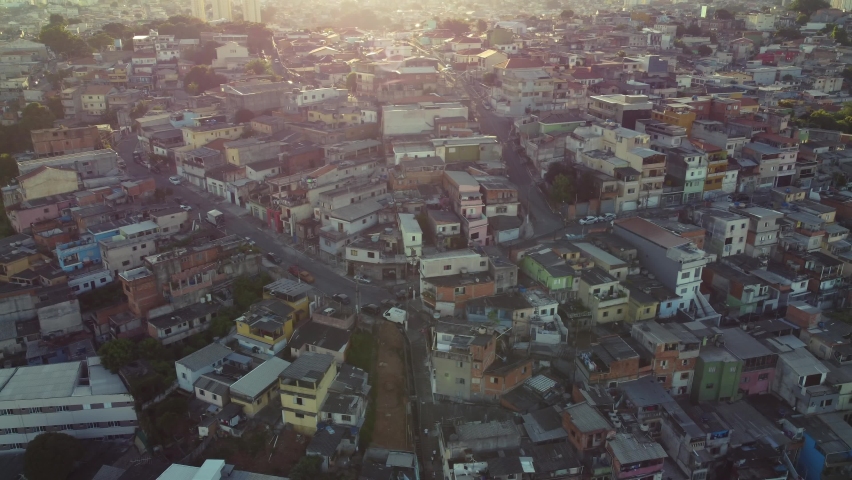 cinematic Aerial View of houses, slum são paulo, brazil. cachoeirinha. Poverty, population, city on sunset 