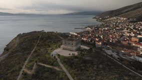 Aerial flight over nehaj fortress in one shot slowly approaching the tower on a dolly in