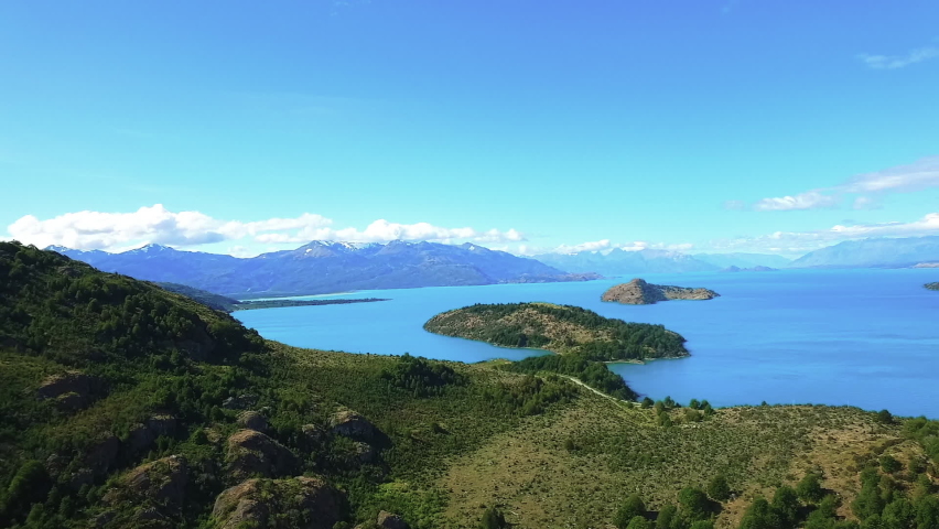 AERIAL - Beautiful General Carrera Lake in Patagonia, Chile, wide shot panorama