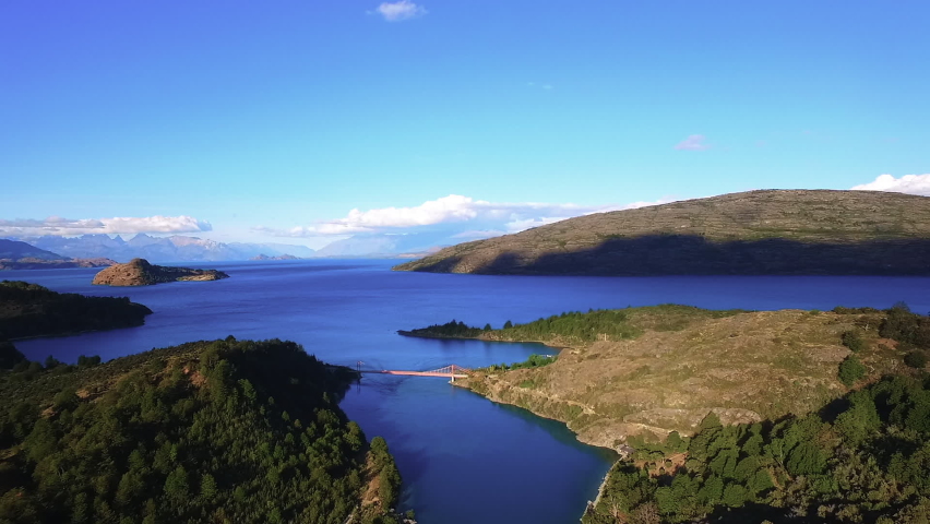 AERIAL - General Carrera Lake in Patagonia Andes region of Chile, wide shot