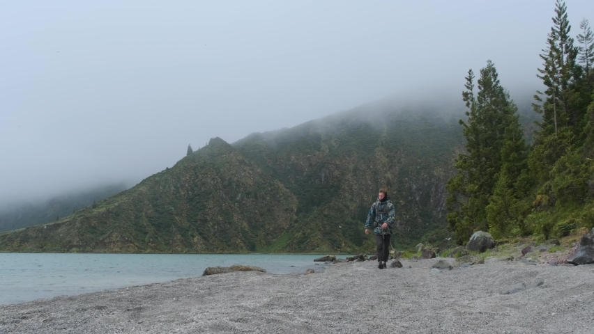 Hiking in a Misty Mountain Landscape