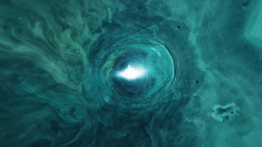3D Animation fly in through dark glow green blue ocean cloud tunnel. Abstract time wormhole vortex. 4K seamless loop for science fiction title trailer intro background concept. Sci-Fi interstellar FX.