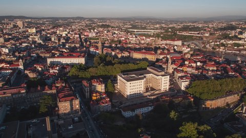 Aerial View Shot of Porto, Oporto, Old Town, beautiful light, Portugal