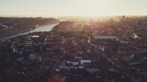 Aerial View Shot of Porto, Oporto, Old Town, beautiful light, Portugal
