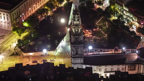 Aerial View Shot of Porto, Oporto, Old Town, at night evening, Portugal