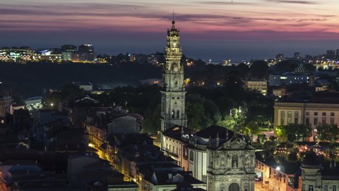 Aerial View Shot of Porto, Oporto, Old Town, at night evening, Portugal