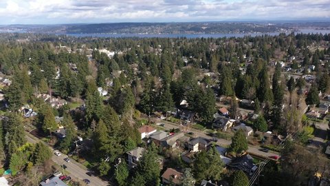 Cinematic aerial drone footage of Ravenna, Pontiac, Northeast Seattle, Roosevelt, Bryant, University District, Hawthorne Hills, Windermere, affluent Seattle suburbs between the I-5 and Lake Washington