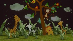 Blinking stars  in sky night background in jungle with wild animal. 
Kids base TV Program seamless loopable HD Video