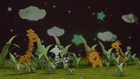 Blinking stars  in sky night background in jungle with wild animal. 
Kids base TV Program seamless loopable HD Video