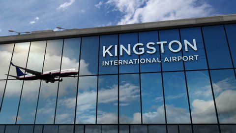 Jet aircraft landing at Kingston, Jamaica 3D rendering animation. Arrival in the city with the glass airport terminal and reflection of the plane. Travel, business, tourism and transport concept.