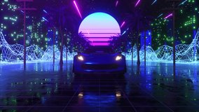 Car and city in neon style. 80s retro wave background 3d animation. Retro futuristic car drive through neon city. 3d render of seamless loop - Powered by Shutterstock - Get 15% off with code: PIKWIZARD15