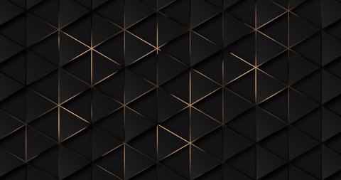 4k Abstract luxury black grey gradient background. Futuristic triangles golden isometric grid. Carbon with gold metallic stripes. Geometric sci-fi graphic motion animation. Seamless loop dark backdrop