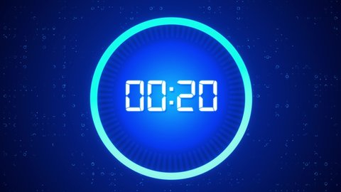 Futuristic countdown timer counting down from 20 to zero. perfect introduction for showreels or promo videos. Best for party, new year, race, event. digital timer. Clock and watch, timer, countdown
