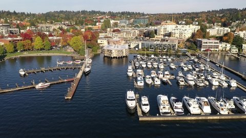 Cinematic aerial drone footage of Kirkland, Marina Park Pavilion, Moss Bay, Lake Washington in autumn foliage, commercial, residential neighborhood near Bellevue and Seattle, King County, Washington