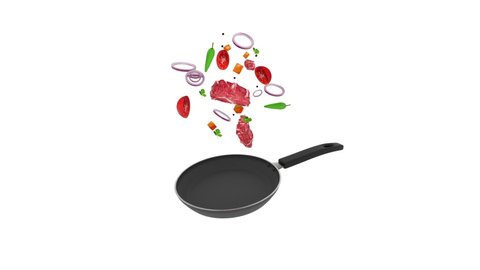 Tossing meat and vegetables with a frying pan - Fresh Organic Food Cooking 3D Slow motion Animation on white background
