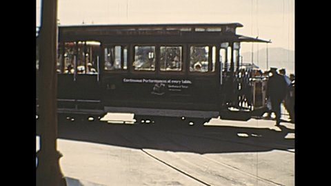 San Francisco, United States - in 1976: old Cable Car stop of San Francisco, turning the Cable Car in the opposite way. Powell-Hyde lines. American archival in the 1970s.