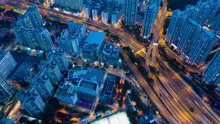 Top down view of traffic in Hong Kong city at night