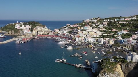 Ponza Island, Italy. Aerial view of the characteristic port.
Flying with the drone on the coast of the island of Ponza.