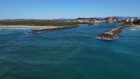 Rocky Seawalls With Tweed River Mouth Near Duranbah Beach In New South Wales, Australia. - Aerial Shot