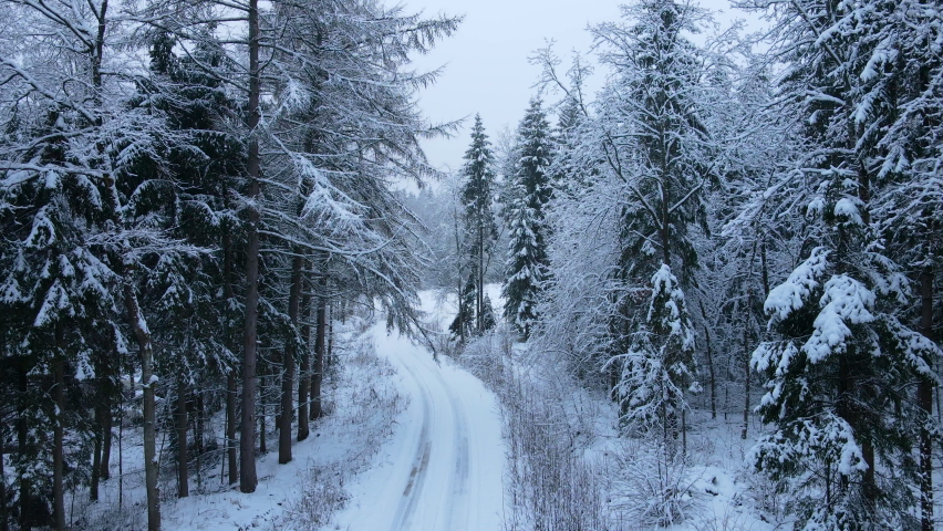 Road And Trees Covered In Thick Snow During Winter Season In Deby, Poland. - aerial