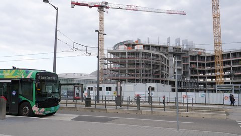 Strasbourg, France - Circa 2020: Almost Empty streets of Strasbourg, stopped construction site due to Covid coronavirus pandemic in Wacken business district