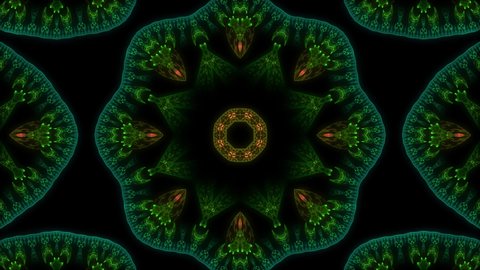 Graphic multicolored mandala on black background. Changing shades. Rhythmic moving. Seamless loop. 3d rendering